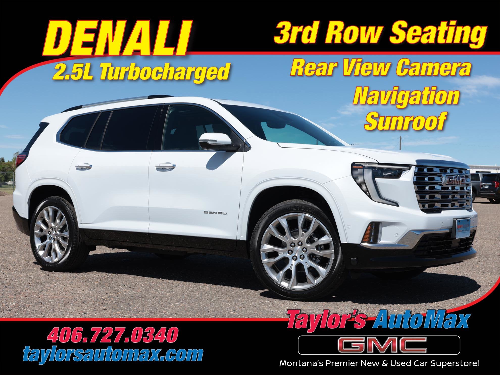 2026 GMC Acadia Denali in Glacier White Tricoat — front three-quarter view