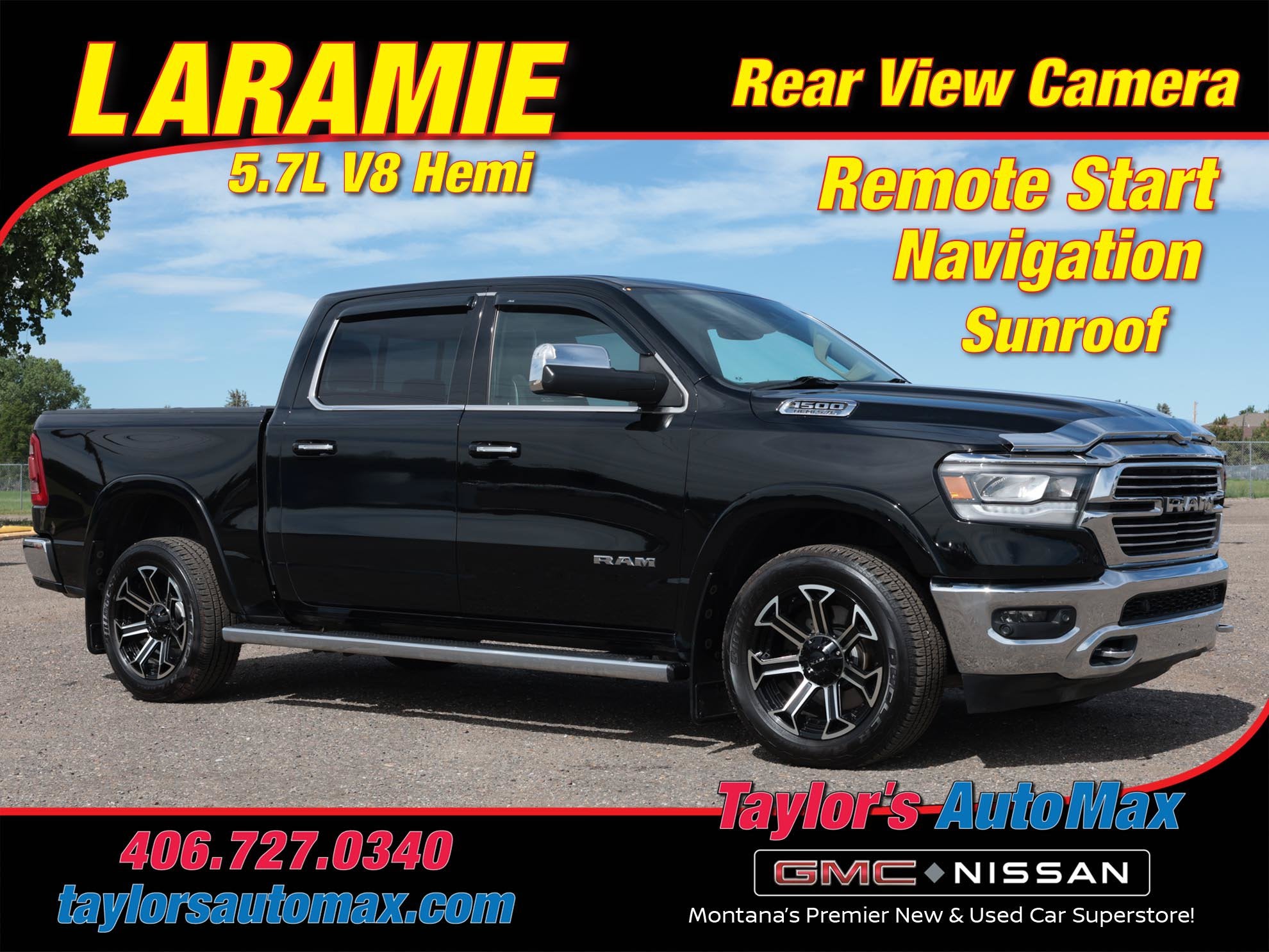 2019 RAM 1500 Laramie in Diamond Black Crystal Pearlcoat — front three-quarter view