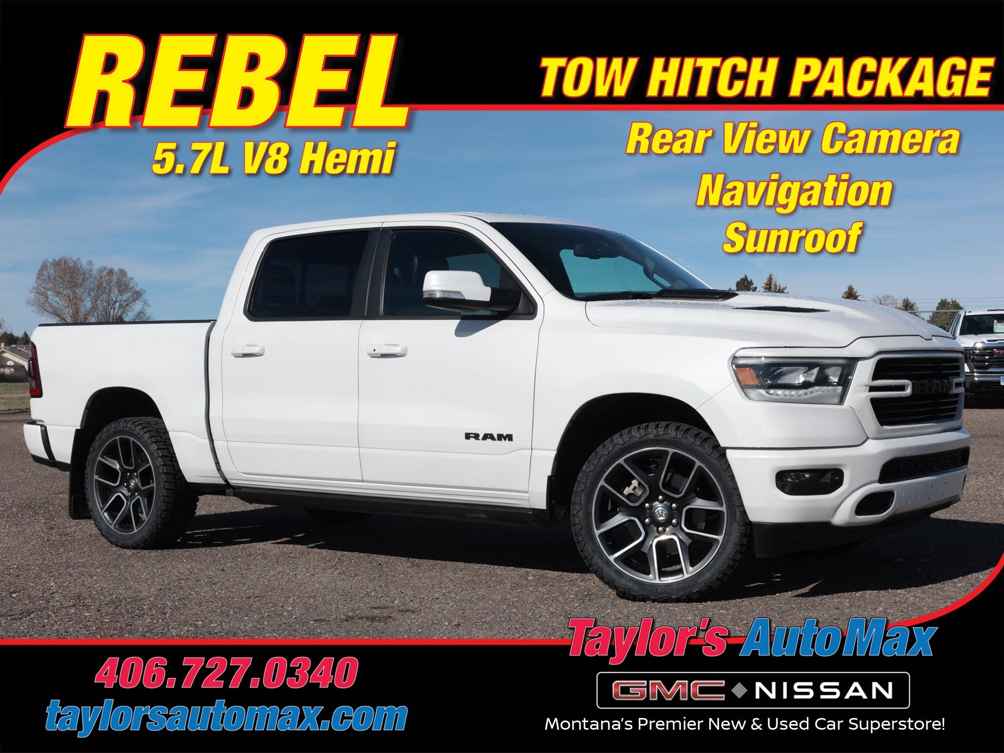 2020 RAM 1500 Rebel in Ivory White Tri-Coat Pearlcoat — front three-quarter view