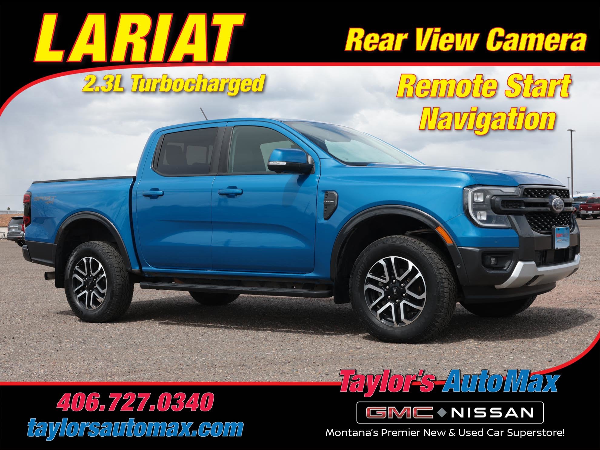 2024 Ford Ranger LARIAT in Velocity Blue Metallic — front three-quarter view