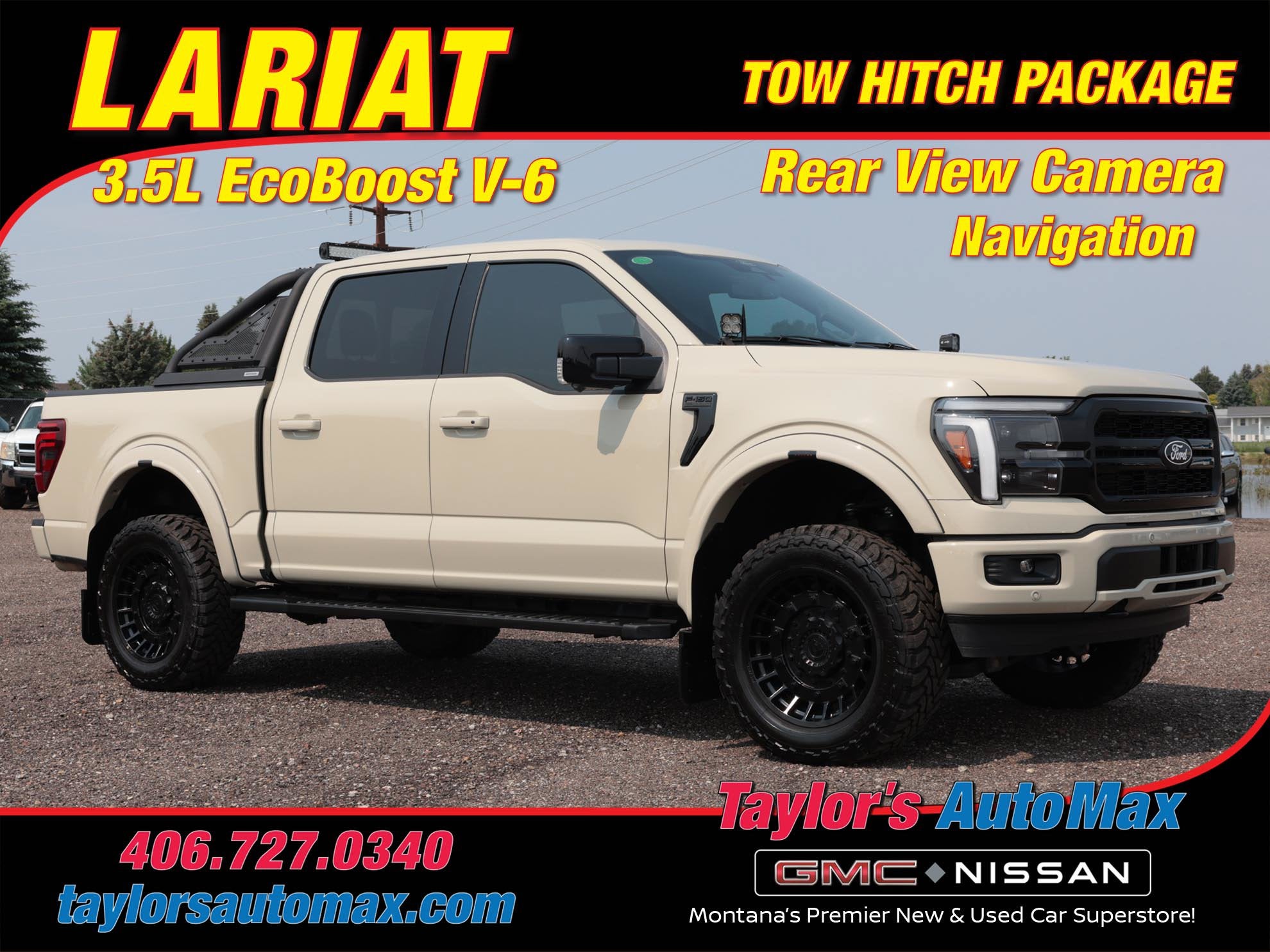 2025 Ford F-150 LARIAT in Agate Black Metallic — front three-quarter view