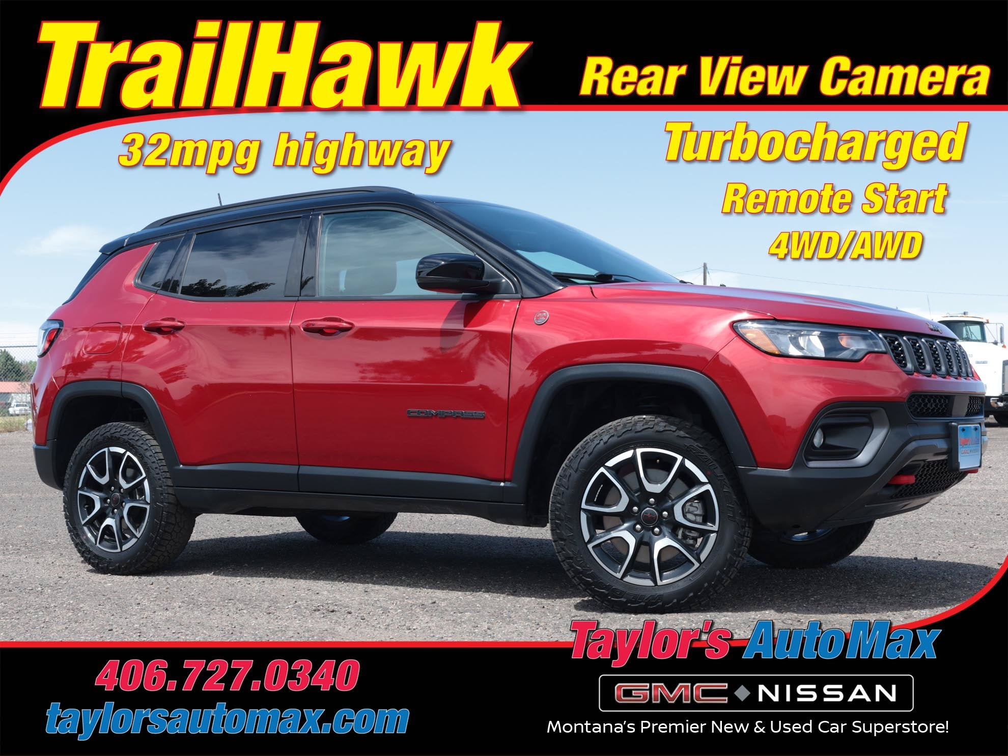 2025 Jeep Compass Trailhawk in Red Hot Pearlcoat — front three-quarter view