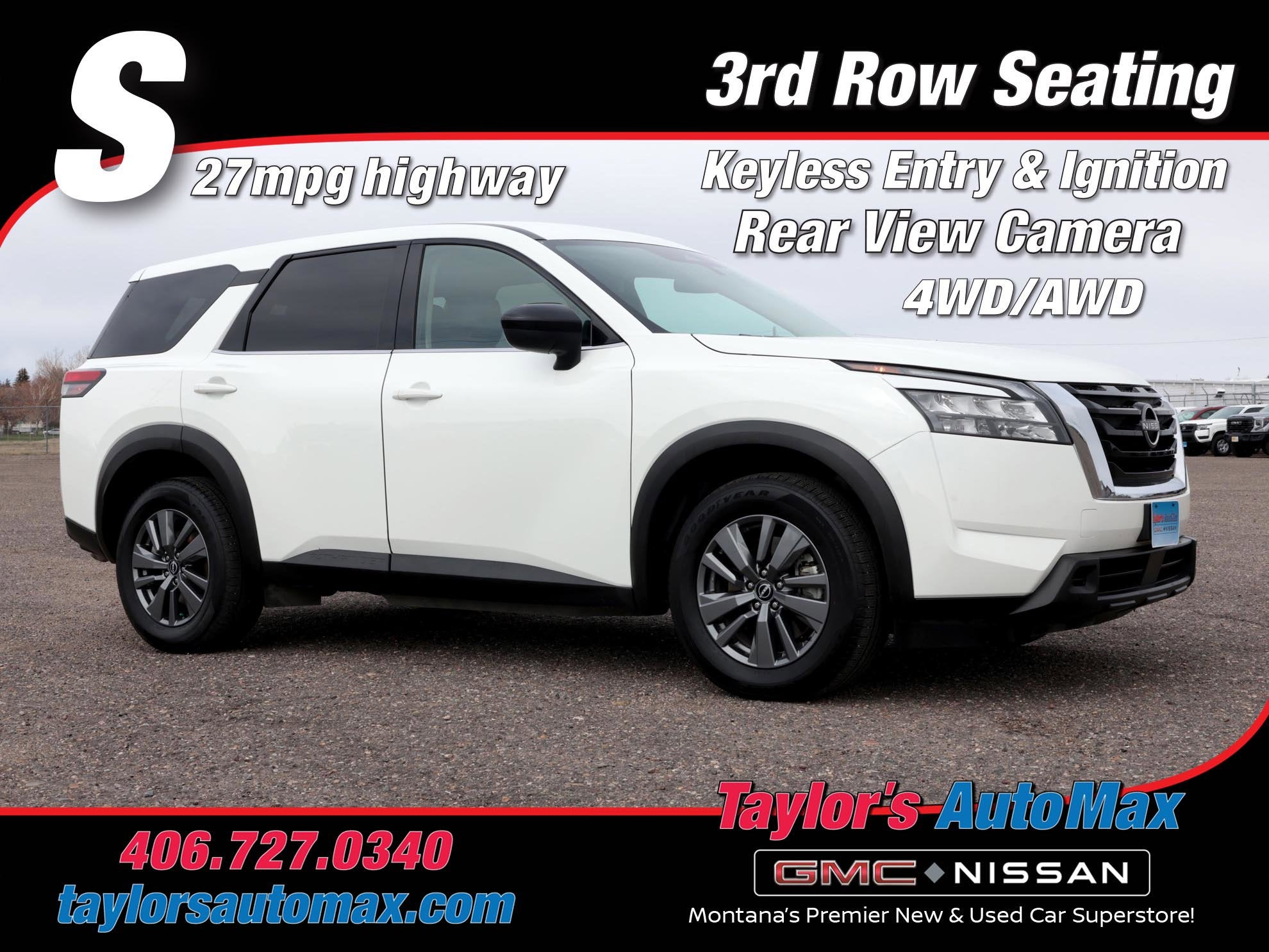 2024 Nissan Pathfinder S in Glacier White — front three-quarter view