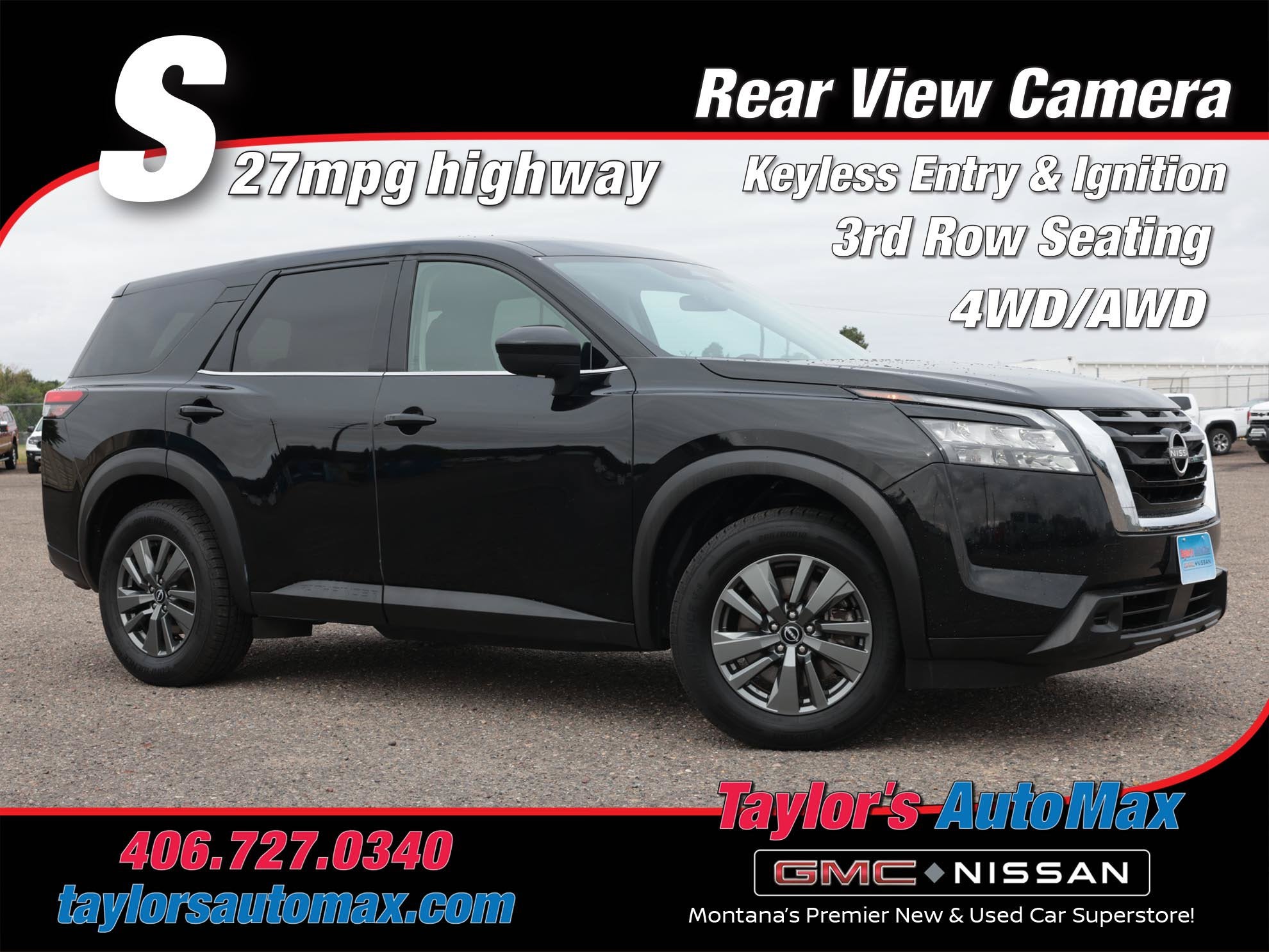 2024 Nissan Pathfinder S in Super Black — front three-quarter view